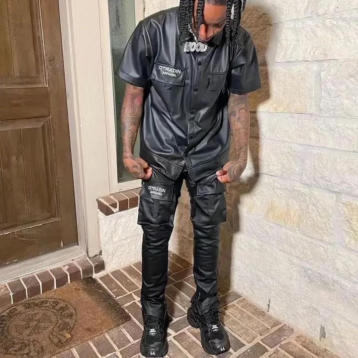 Custom Mens Leather Cargo Stacked Flare Pants Short Sleeve Shirt Sets Embroidered Logo Men Leather Pants Top And Bottom