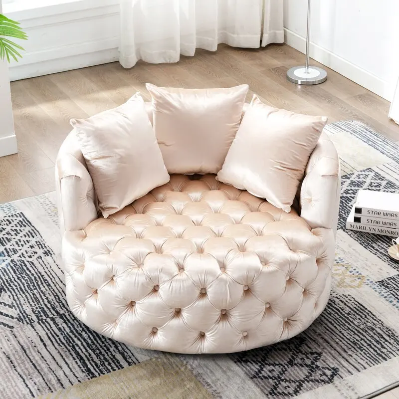 Modern stainless steel wide tufted swivel barrel chair nordic velvet button sofa for living room furniture barrel recliner chair