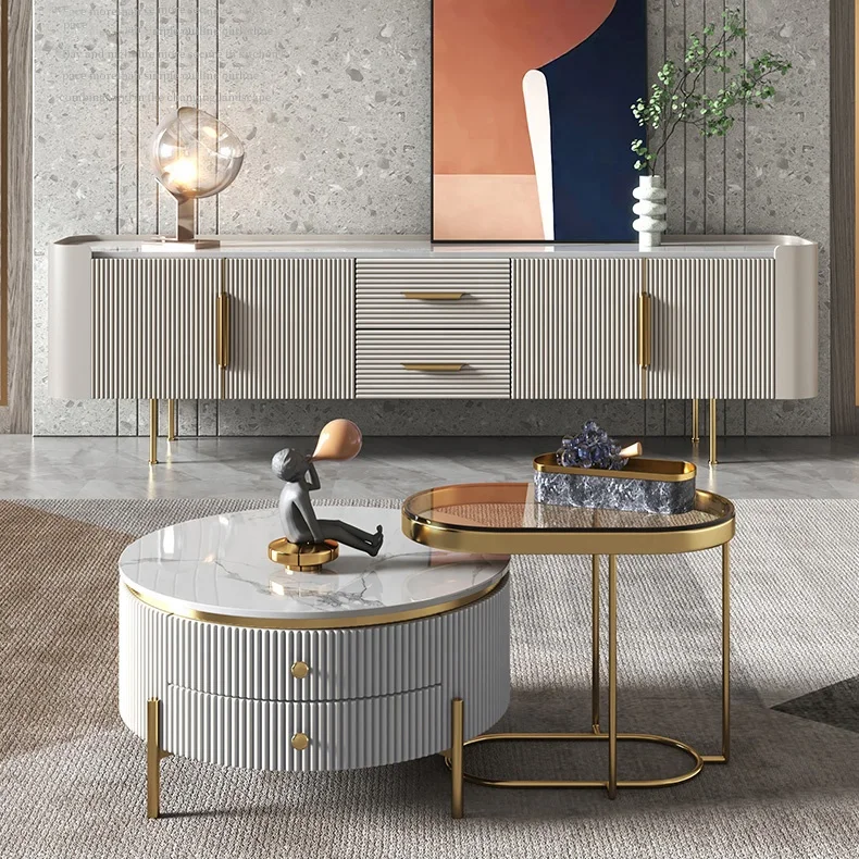 Modern Nesting Round Table Set With Drawers Sintered Stone Top Coffee Table Tea Glass Side Table For Living Room Furniture