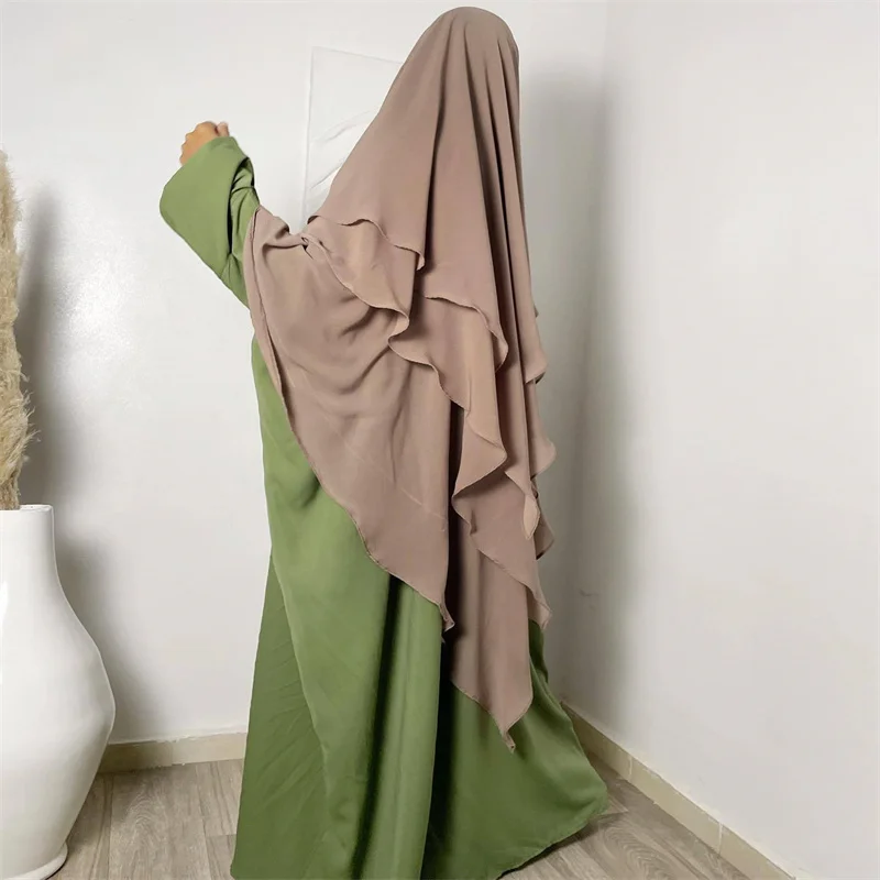Luxury Gowns 3 Layers Overhead Chiffon Tie Back Khimar Islamic Hijab Plain Prayer Scarf Muslim Women Long Niqab Jilbab Khimar