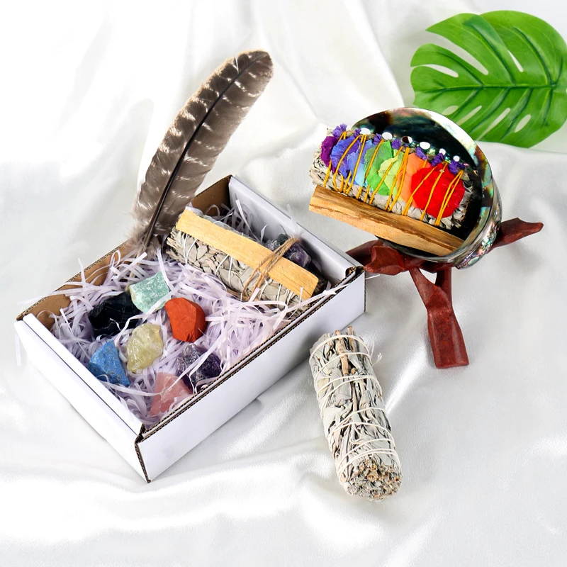 high quality  healing  crystal craft  sage box with wood wand feather gemstone for meditation