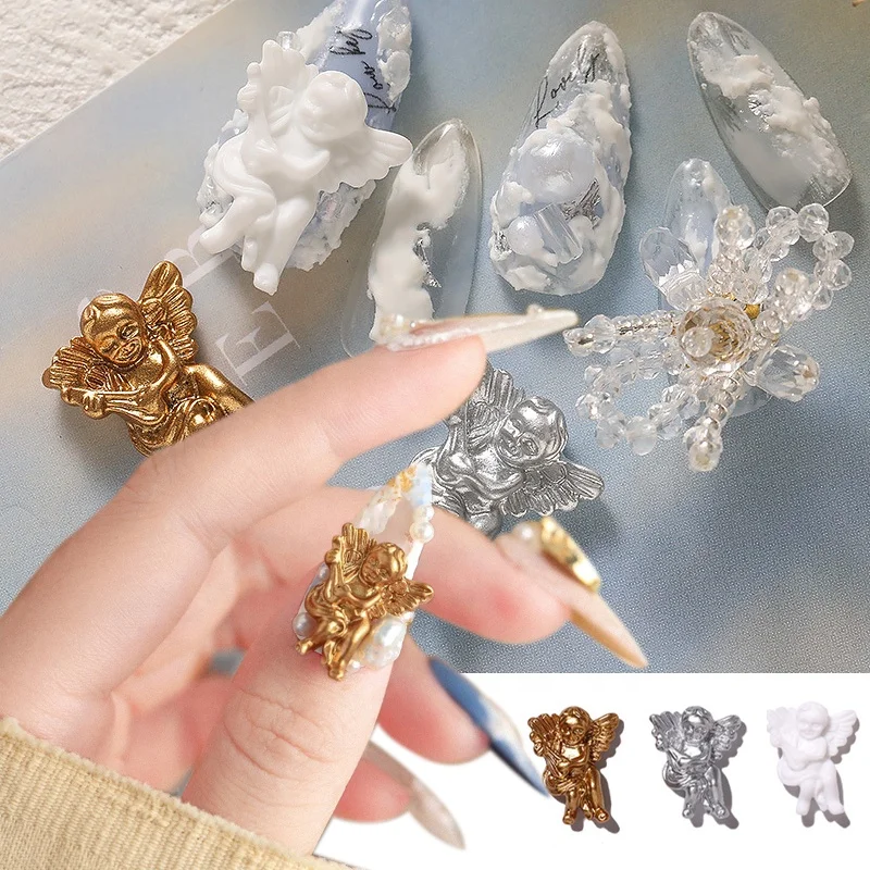 Qianya Wholesale 3D Resin Gold Silver Pearl White Angel Nail Art Decoration Baroque Angel Baby 3D Nail Charms