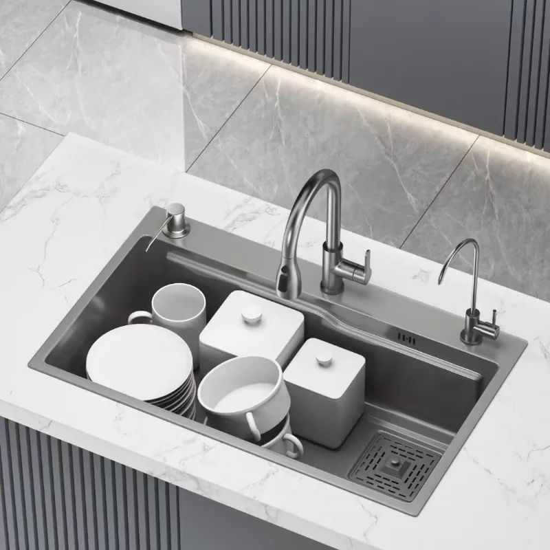 Nano black kitchen sink large single tank antibacterial thickened 304 stainless steel single tank sink
