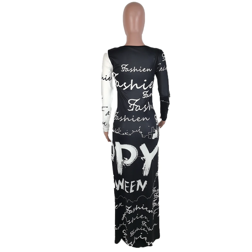 Foma- F6610 2020 Fashion women fall dresses letter print overall long sleeve casual long dresses women maxi