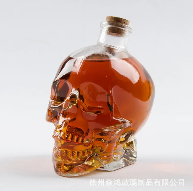 Wholesale Clear Whiskey Skull Shot Jar Bourbon Brandy Liquor Juice Water Glass Wine Bottle With Stopper Cork