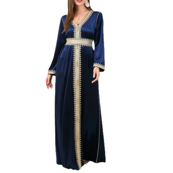 Hot Sell Women Elegant Deep V-neck Dress Gold Velvet Embroidery Muslim Dress Dubai Abaya Party Maxi Long Dress