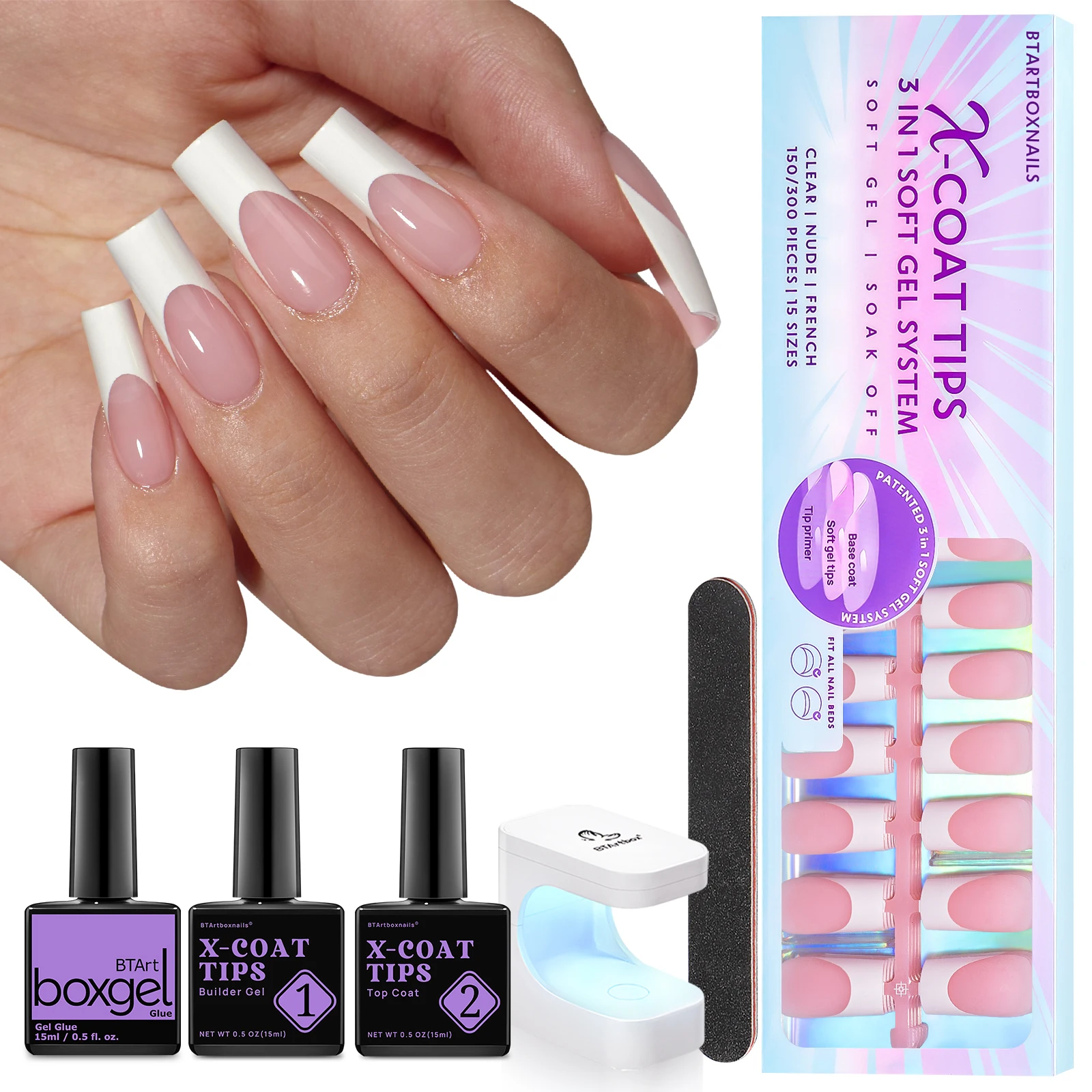 BTArtbox French Gel X Coat Tips Long Square Fake Nails With Glue Pink French Press On Nails UV Gel Artificial Nail Kit