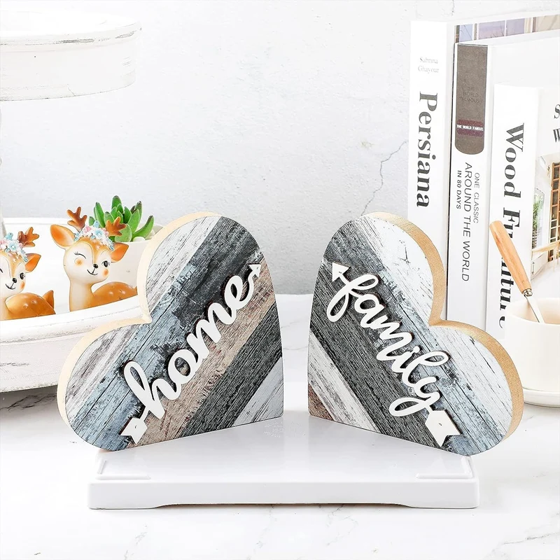 2 Pcs Rustic Wood Love Home Sign Heart Shaped Wooden Table Centerpiece Farmhouse Buffalo Plaid Family Sign