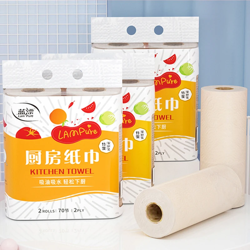 Lampure kitchen paper standard roll disposable oil cleaning paper towel virgin bamboo pulp tissue paper strong absorbent OEM