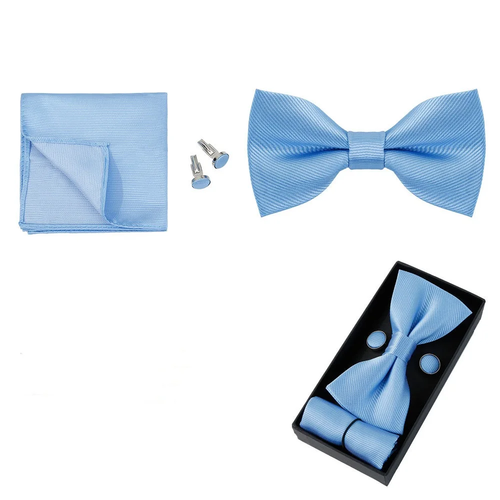 2024 low price Classic business wedding groom black solid color cufflinks pocket square  bow tie set for men gift box