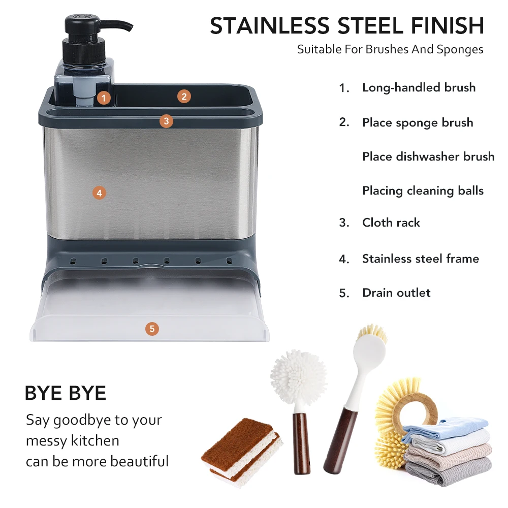 Masthome Kitchen Cleaning Tools Drying Stainless Steel Sink Caddy With Soap Dispenser Bottle Sponge Holder For Kitchen Sink