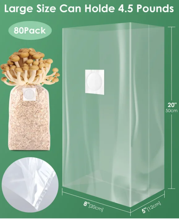 Autoclavable 20*12*50CM 0.2micron filter mushroom grow bags spawn cultivation bags oyster mushroom fruiting bags