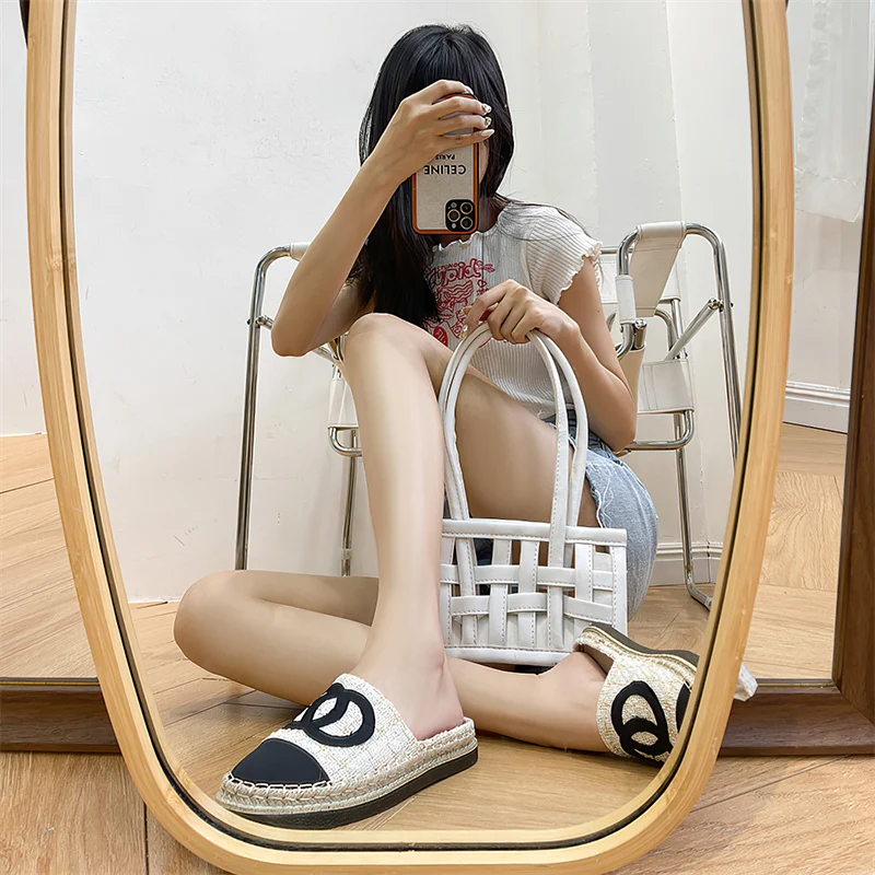 slippers female Baotou half slippers wear 2023 summer new straw fisherman shoes female slippers