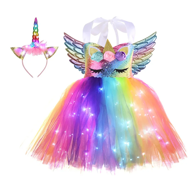 Vibrant Unicorns Dress Up Outfit Multi Colored LED Lights Rainbow Sequin Tulle Girls Tutu Dresses with Colorful Hair Hoop Wings