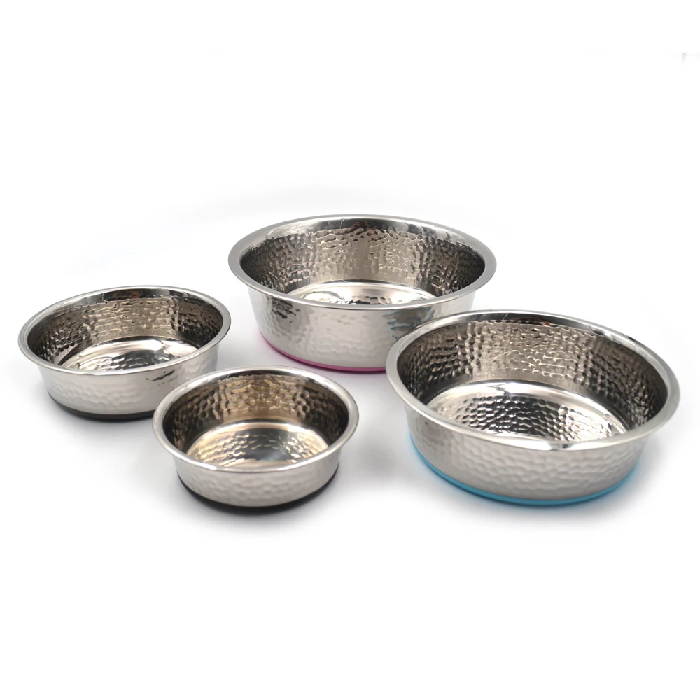 New silicone non-slip bottom basin hammer pattern stainless steel pet food basin Cat and dog bowl feeding basin