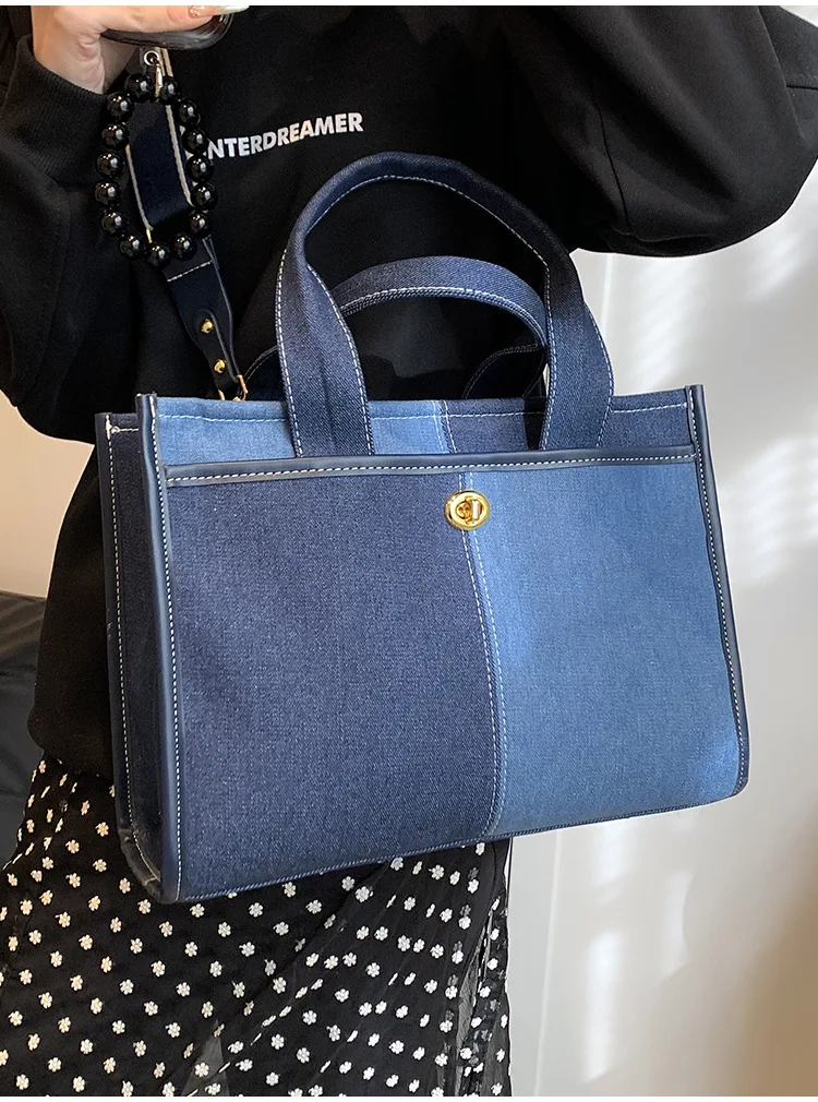 Large Capacity Handbag Tote Bag 2024 New Fashion Design Patchwork Denim Commute Bag Broadband Crossbody Brand Women Bags