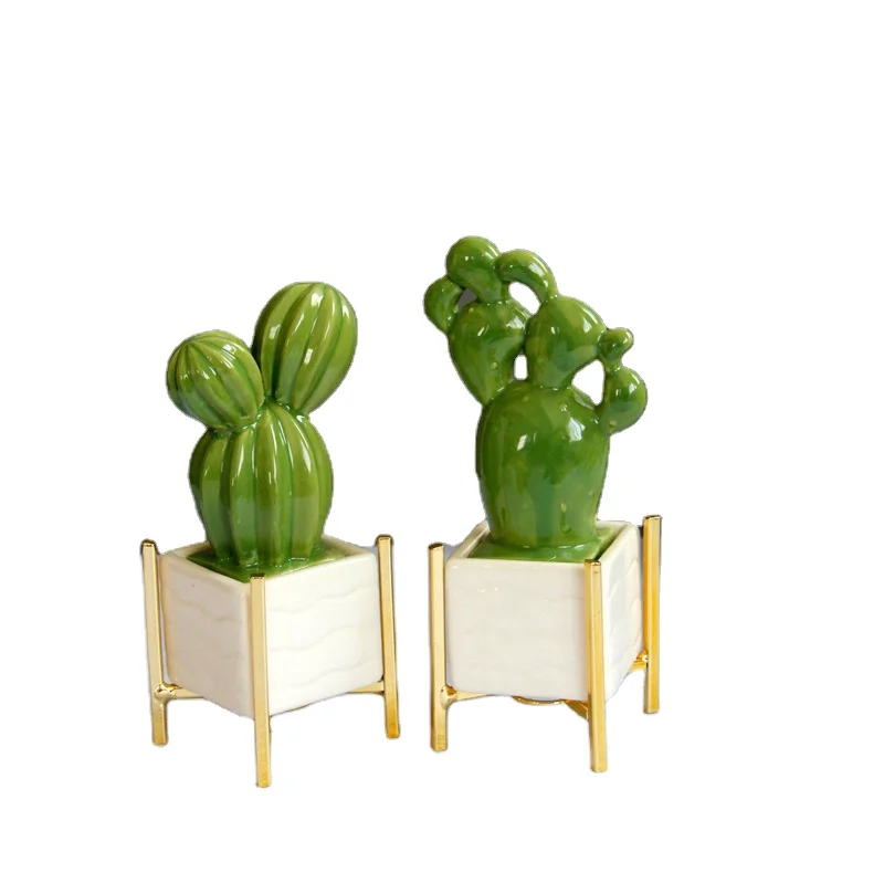 Light Luxury European Home Decoration Ceramic Metal Combination Pastoral Style Desktop Potted Cactus Desktop