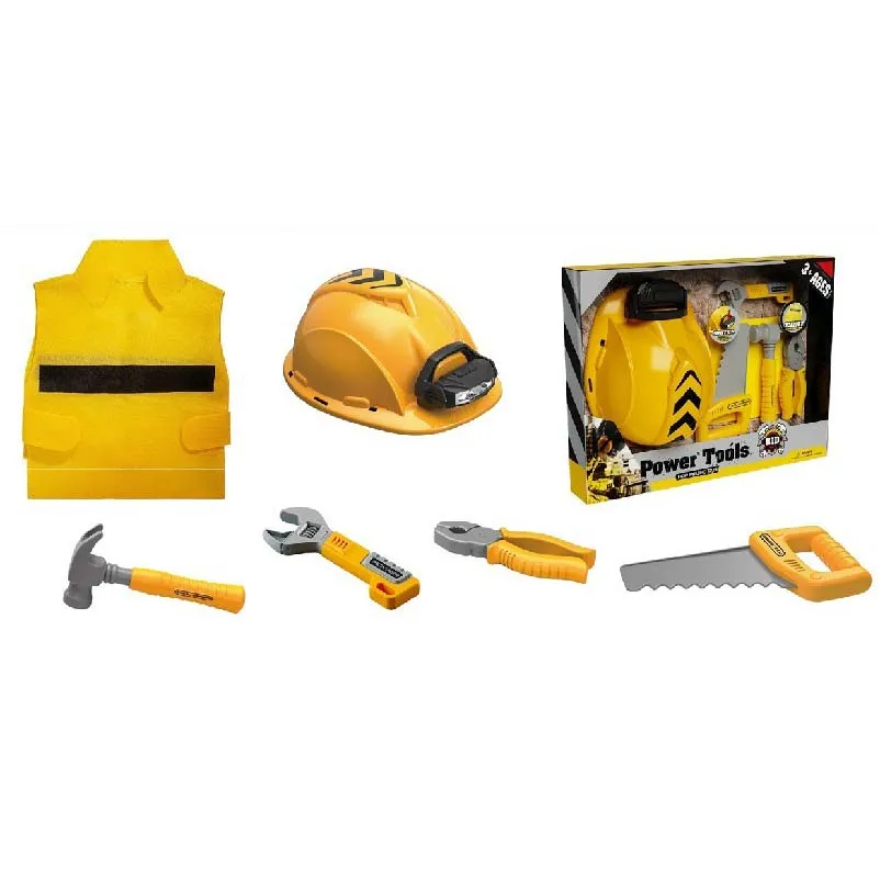 Children portable deluxe plastic toddler boy pretend play engineering tool box chainsaw toy set with 3 * AG13 Batteries