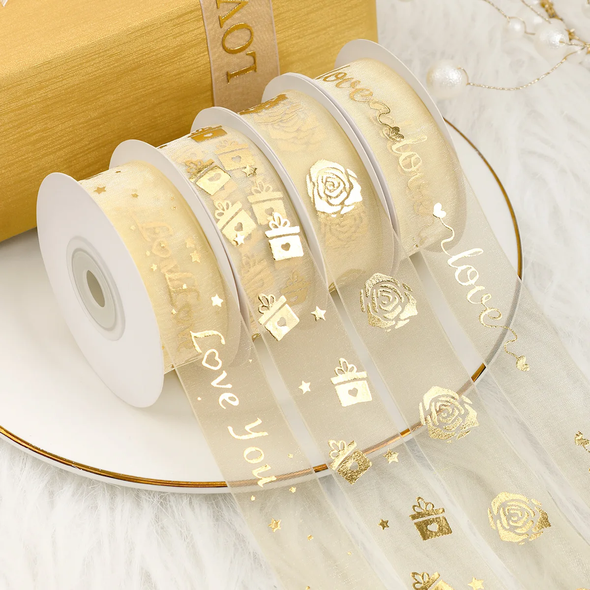 Custom 3D Gold Foil Printed Organza Ribbon Christmas Birthday Festival Cake Bouquet Decoration Gift Packaging Ribbon