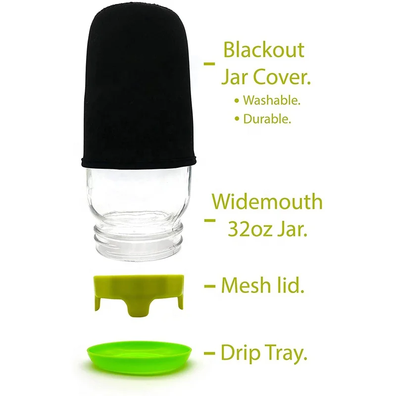 Sprouting Jar Kit Seed Sprouter Set - Wide Mouth Mason Jar, Stainless Steel Mesh Lid, Blackout Sleeve and Plastic Drip Tray