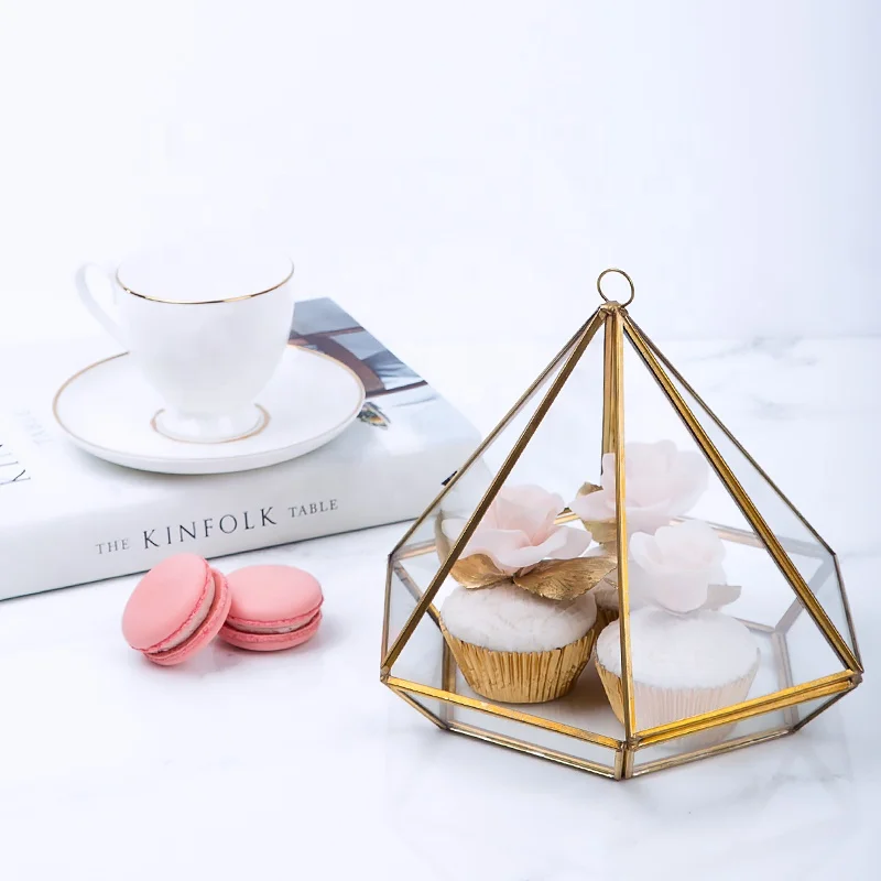 hanging gold transparent trinket ring Clear Glass Jewelry Box terrarium Copper metal decorative pyramid for wedding storage