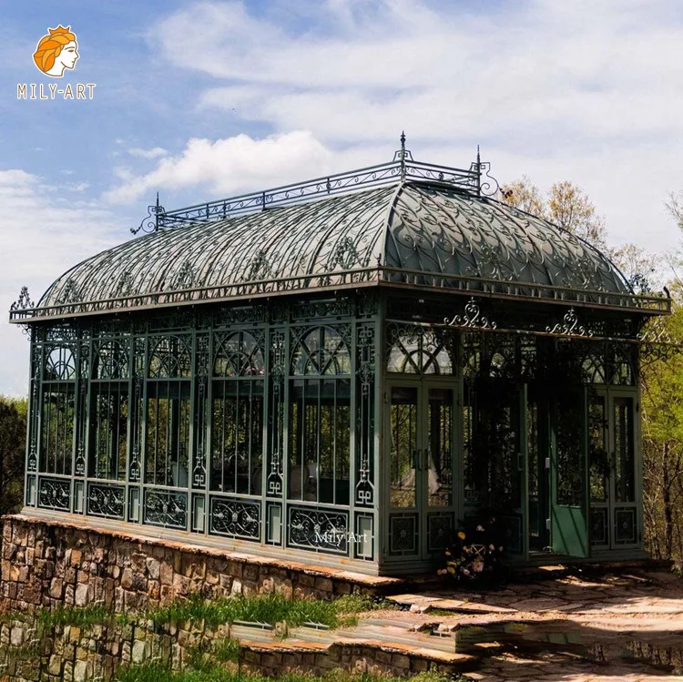 Hot Sale Luxury Design Outdoor Wrought Iron Gazebo Metal Greenhouse with Glass