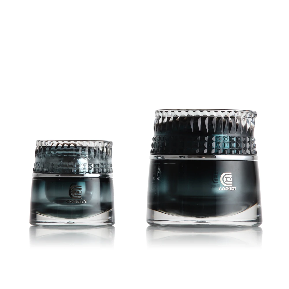 New Design Empty 15ml 50ml Blue Acrylic Plastic Cosmetic Cream Containers Oval Cream Jars With Fancy Lid