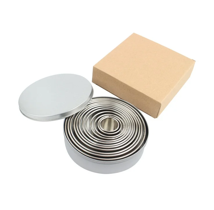 Food Grade 304 Stainless Steel Cookie Cutter 12Pcs/Set Round  Mousse Cake Ring Set Rolled edge cookie cutter