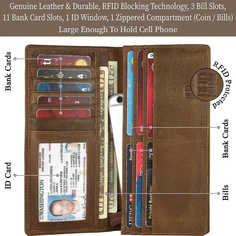 OEM Luxury Long Wallet Genuine Leather RFID Blocking Coin Purse Business Card Sleeve Cover Dollar Money Clip Credit Card Holder