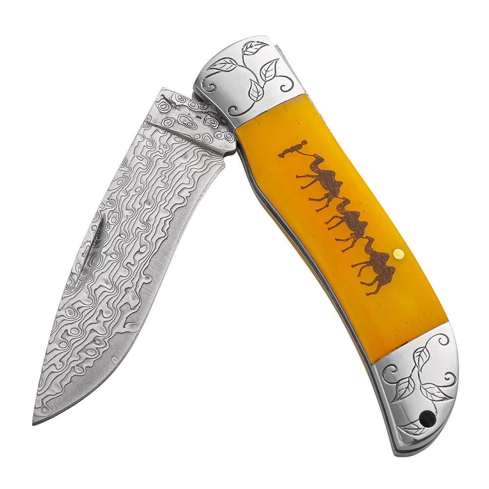 Wholesale Damascus Steel Folding EDC Knife Bone Handle Camping Survival Pocket Knife