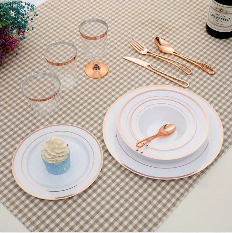 Wholesale Food Grade Dinning Gold Sliver Rose Tray Bowl Dish Tableware Set Heat-Resistant PS Plastic Plate Disposable Dinnerware