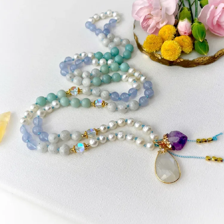 Amethyst Fresh Water Pearl Moonstone Gemstone Yoga Meditation Hand Knotted Mala Prayer Bead Necklace