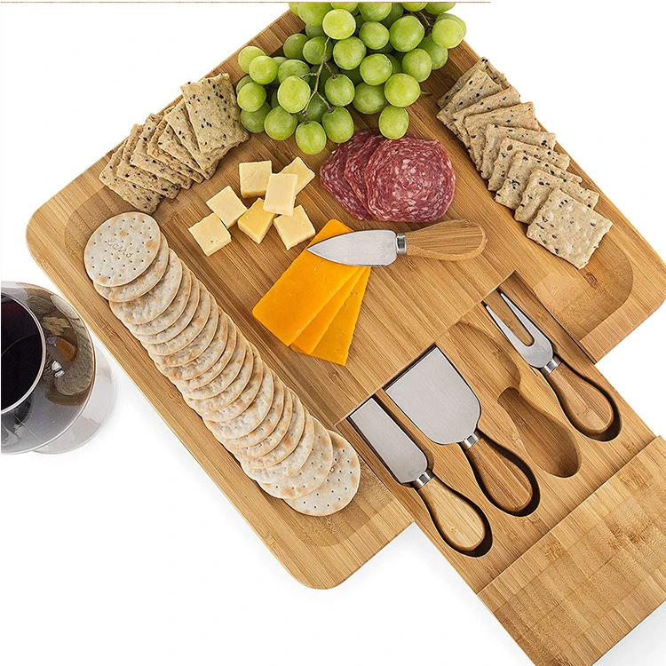 Bamboo cheeseboard set with four sets of knives and cheese boardSquare multifunctional drawer
