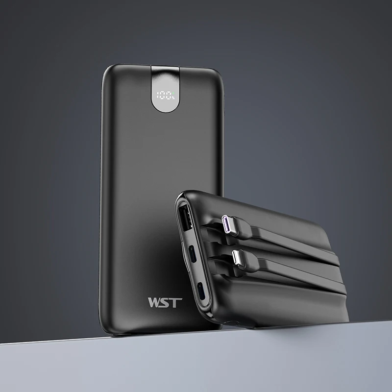 Hot Sale 10000mAh Travel Power Bank Slim Battery Pack LED Display Portable Mobile Phone Charger Built in with Cables