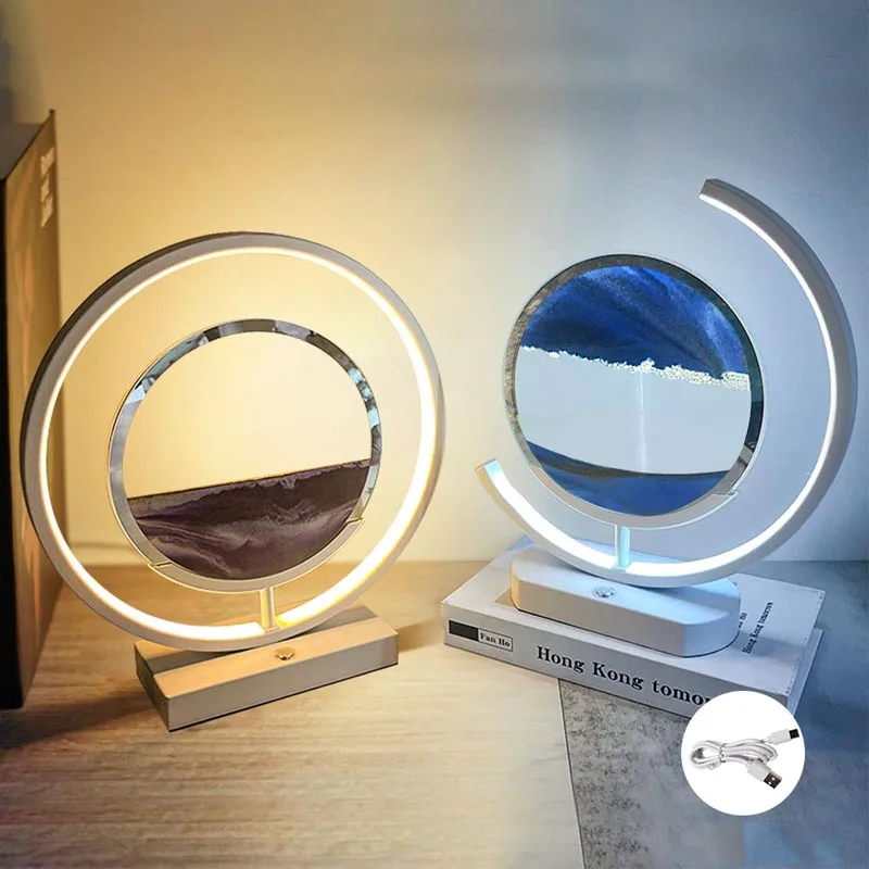 LED Moving Sand Art Table Lamp 3D Hourglass Deep Sea Sandscape Display Flowing Frame 10/12inch Bedside Light Home Decoration