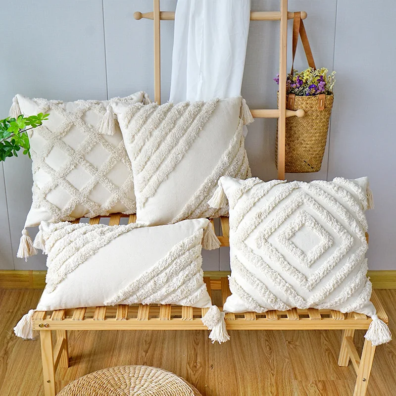 Bohemian Tufted Fringe Pillow Case Diamond Cushion Cover Home Decoration Sofa Canvas Pillow Cover