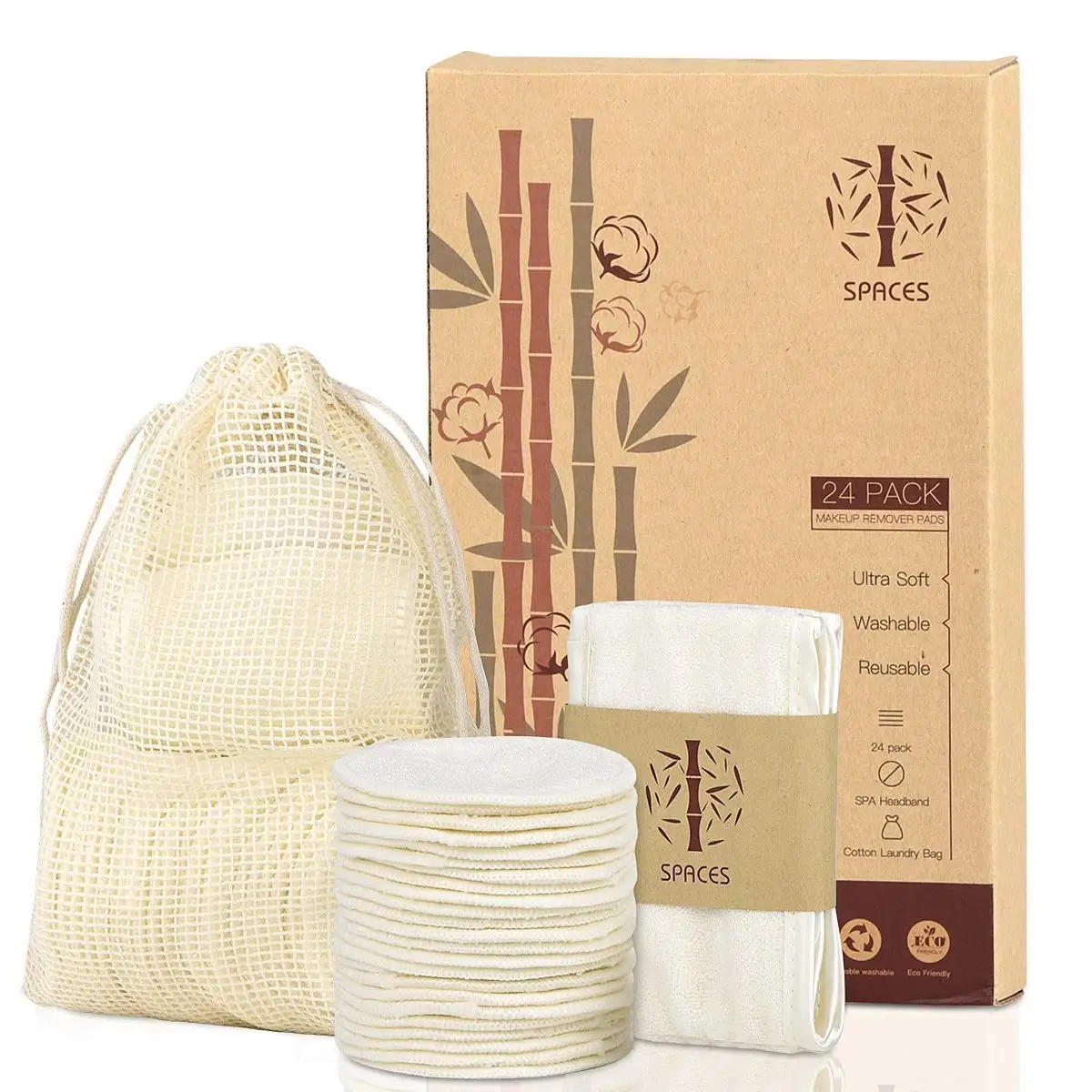 100% Organic Reusable Bamboo Cotton Rounds With Washable Laundry Bag Makeup Remover Pad