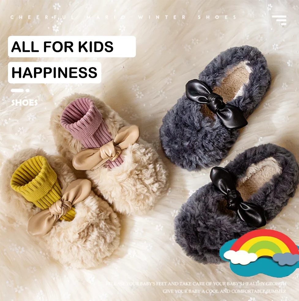 2021 Children Princess Shoes Cotton-padded Kids Slippers Autumn Winter Warm Bow Children Shoes
