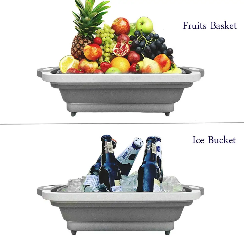 Multifunction Collapsible Cutting Board Dish Tub Drain Basket Vegetable Basin 3 in 1 Sink Folding Chopping Board for Kitchen