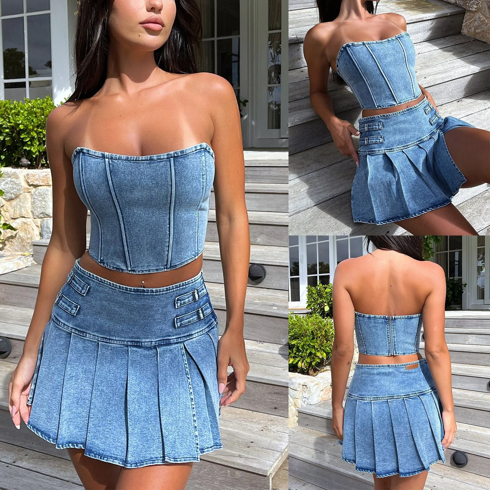 Sexy Blue Denim Jeans Set Crop Top and Mini Skirt 2 Piece Set