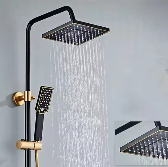 Luxury Shower Column 4 Functions Rain AL Black Gold Hot and Cold Brass Bathroom Shower Set Kit