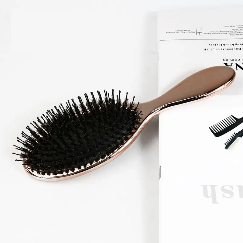 Luxury Rose Gold Silver Color Boar Bristle Paddle Oval Hair Brush Anti Static Hair Massage Hair Extension Brush