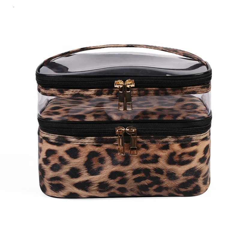 Wholesale Waterproof Pvc Transparent Makeup Storage Bag Sunflower Mable Leopard Pattern Double Layer Zipper Cosmetic Bags