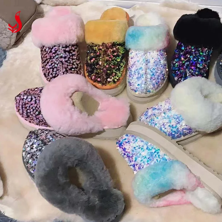 
Factory custom fuzzy warm winter ladies furry fur slippers bling bling women fur slides with logo 