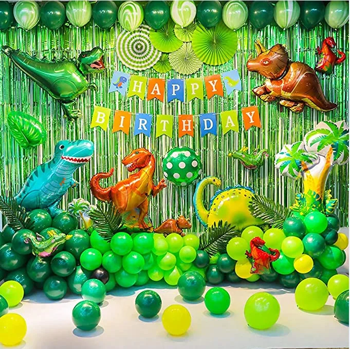 Jungle dinosaur theme balloon party background decoration happy birthday banner balloon paper fan flower palm leaf set