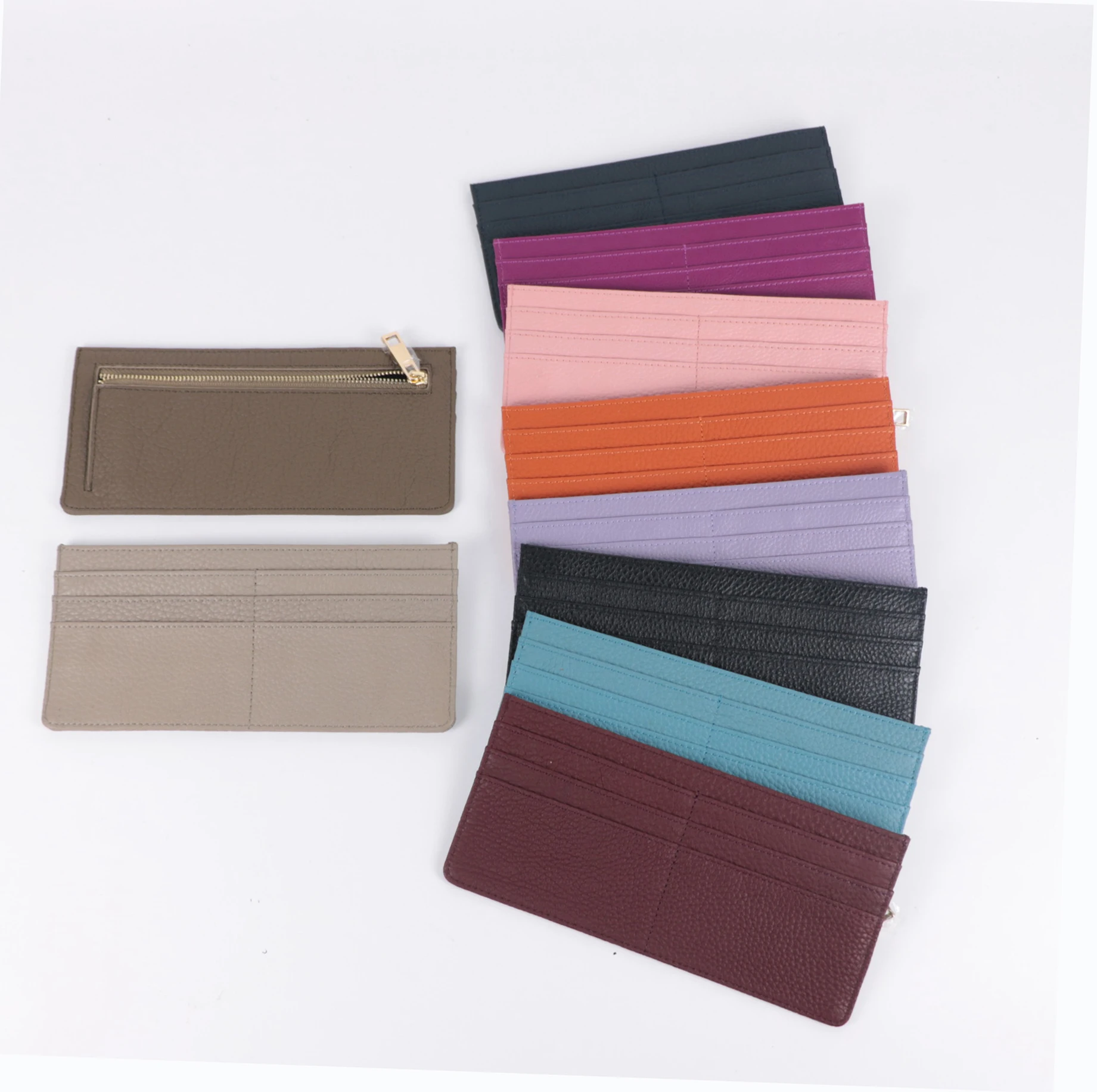Wholesales Low MOQ long wallet compact functional credit card holder Genuine pebble leather wallet with zipper