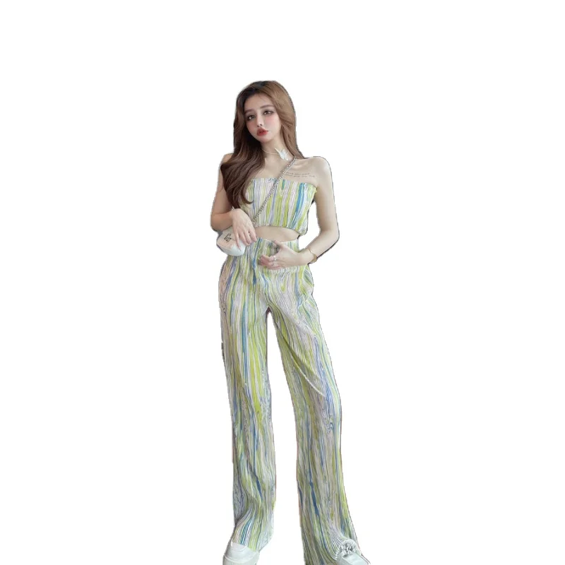 Fashion Suit 2021 Summer New Women's Clothing Flow Color Pleated Wrapped Chest Tops High Waist Loose Straight Wide Leg Pants