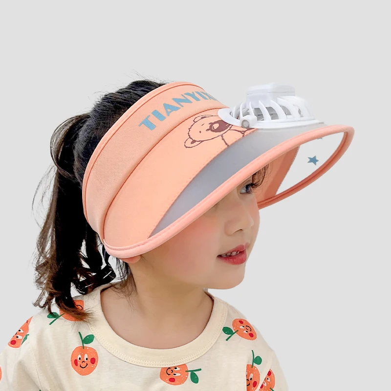 Boy Girl Bear Design Sun Visor Hats For Kid Large Brim Cooling Rechargeable 3 Level Fan Empty Top Visor Caps