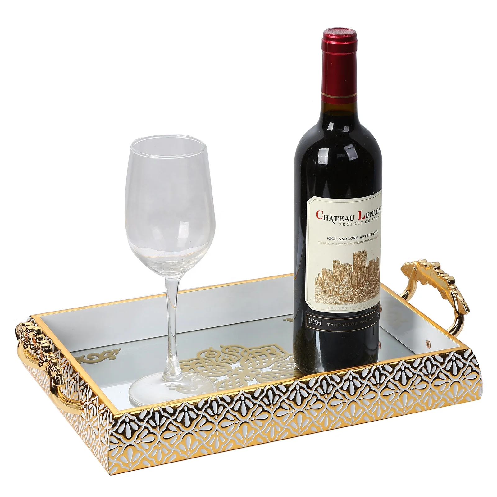 In Stock Home Tiered Food Cake Plateau Lilac Tray Luxury Arabian Decor Silver Gold Ramadan Mirror Serving Tray Set With Handle