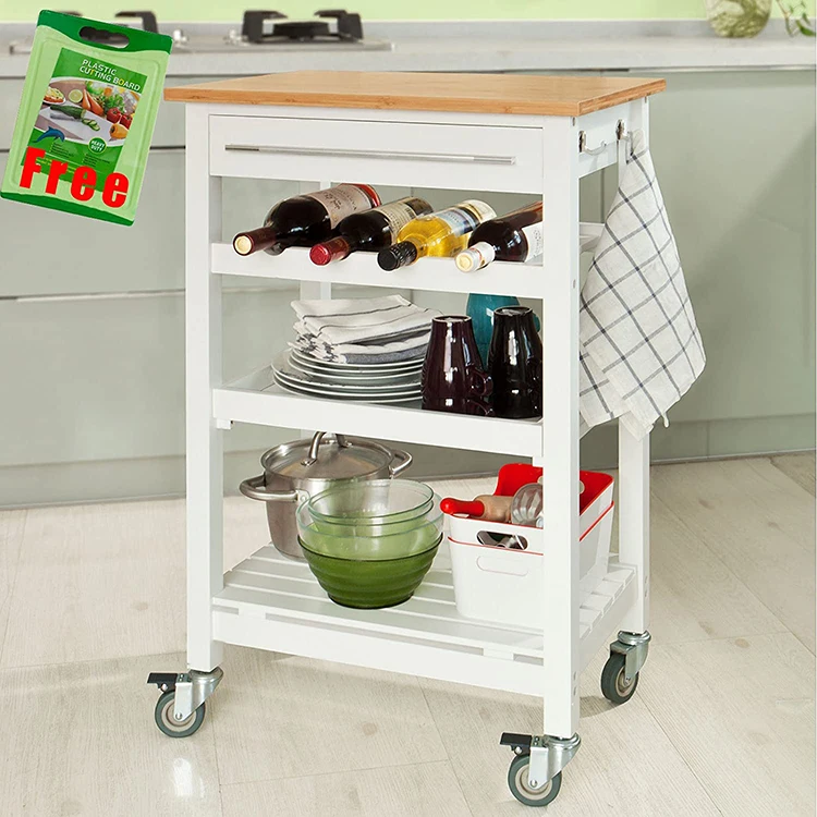 Kitchen Island Serving Cart WIth Wheels Drawer Shelf Wine Rack Rolling Kitchen Trolley Storage Cart with Utility Bamboo Tabletop